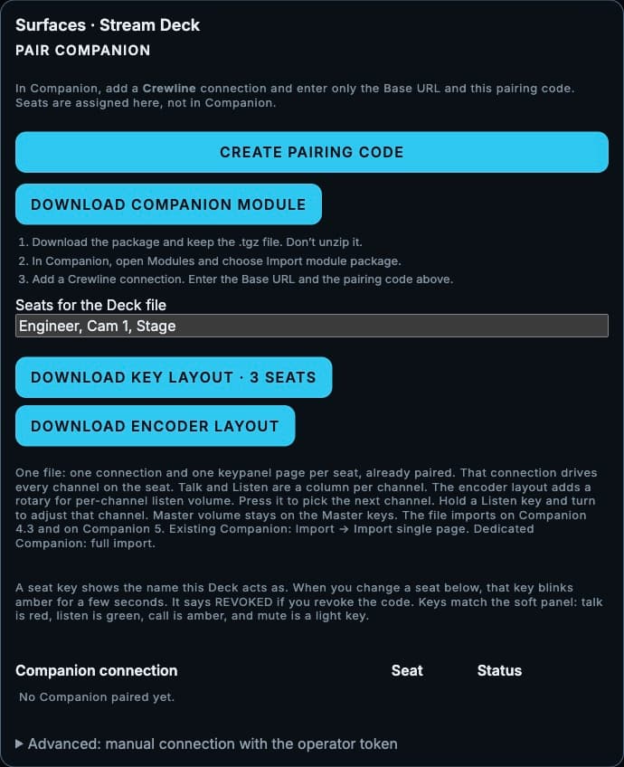Crewline Ops screen for pairing a Bitfocus Companion connection to a show