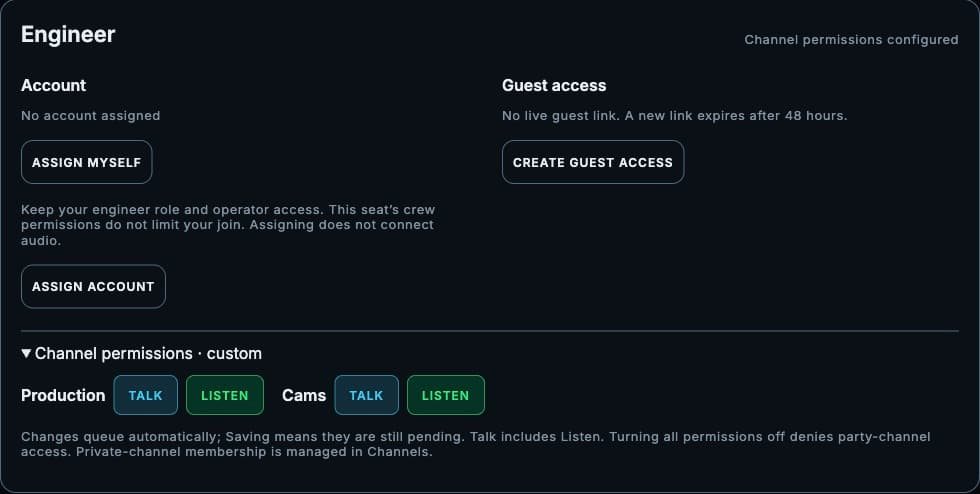 Crewline seat workspace with Talk and Listen permissions for Production and Cams