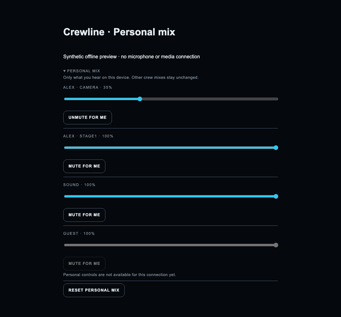 Released Crewline Personal mix controls with per-person levels, Mute for me, and Reset