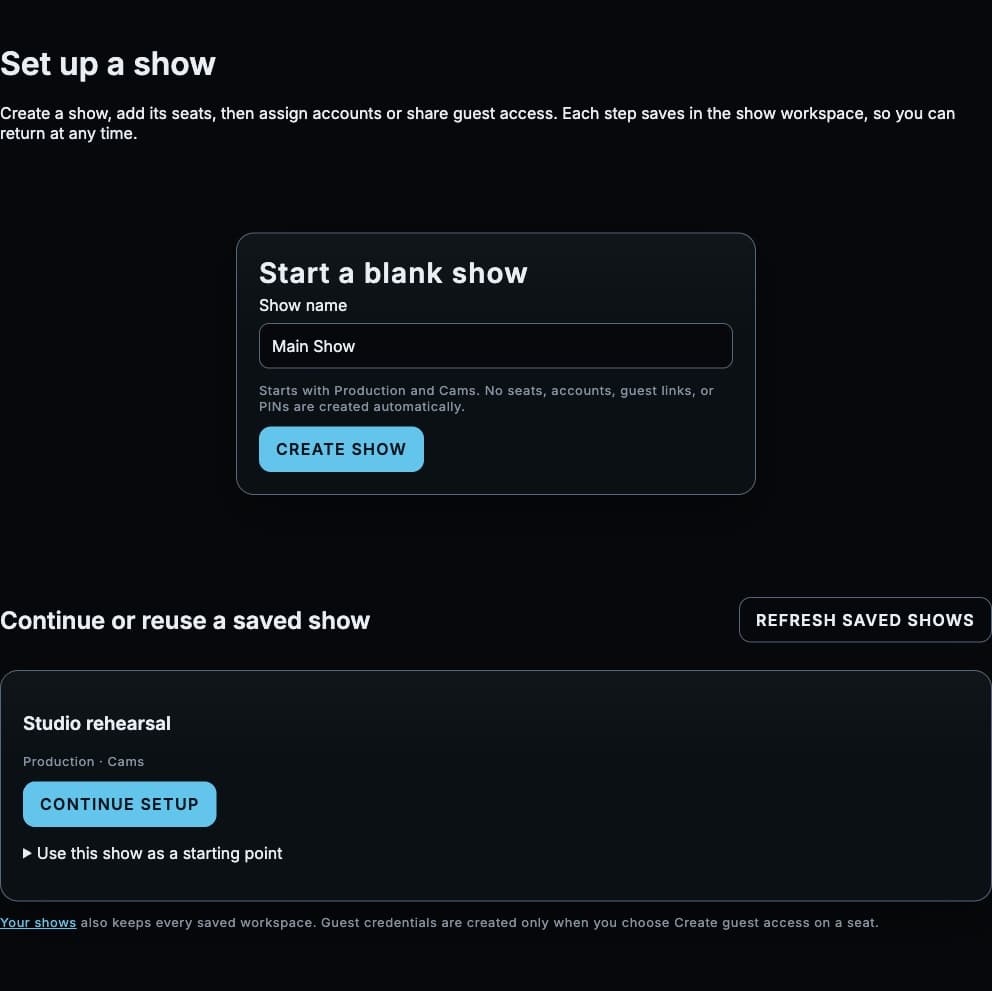 Crewline show setup with a new show form and a saved rehearsal workspace
